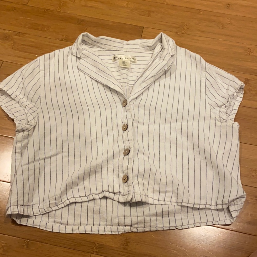 white and blue striped cropped button up